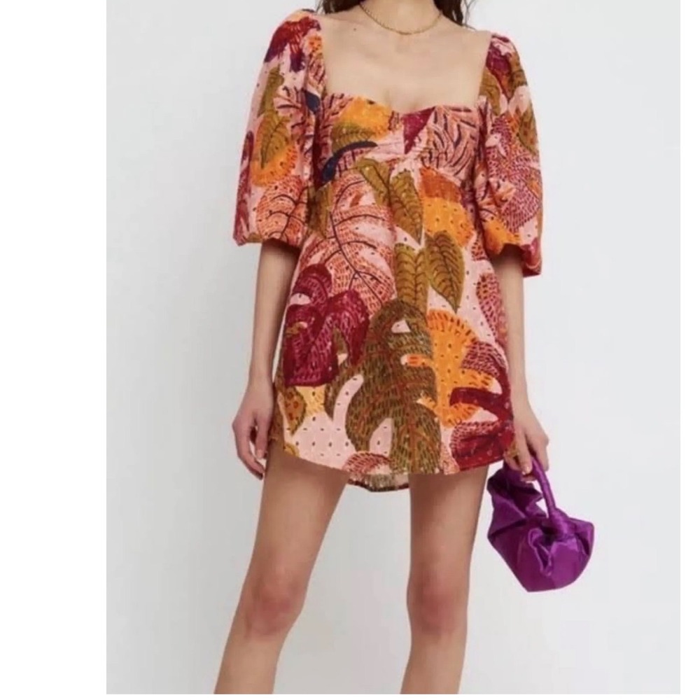 kourt Robbie Tropical Leopard Print Eyelet Babydoll Coquette Mini Dress L